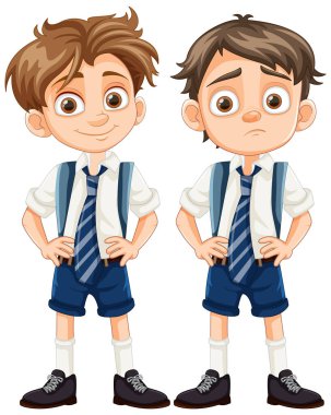 Okul üniformalı bir grup çocuk, bazıları mutlu ve üzgün, karikatür çizimlerinde resmedilmiş.