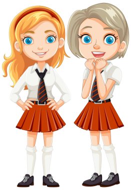 Okul üniformalı iki kadın arkadaşın sevimli çizgi film karakterleri.