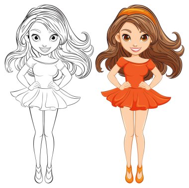Uzun saçlı, mini elbise giyen güzel bir kadının vektör çizimi.