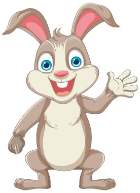 Büyük bir gülümsemesi olan sevimli ve neşeli bir tavşan çizgi film karakteri, vektör illüstrasyon tarzında resmedilmiş.