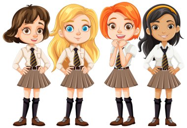 Çizgi film karakteri olarak okul üniformalı bir grup bayan arkadaş.
