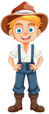 Neşeli bir çizgi film karakteri, büyük bir gülümsemeyle çiftçi tulumu giyiyor.