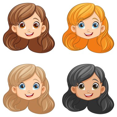 Neşeli ifadeleri olan dört sevimli kızın yer aldığı bir vektör çizimi