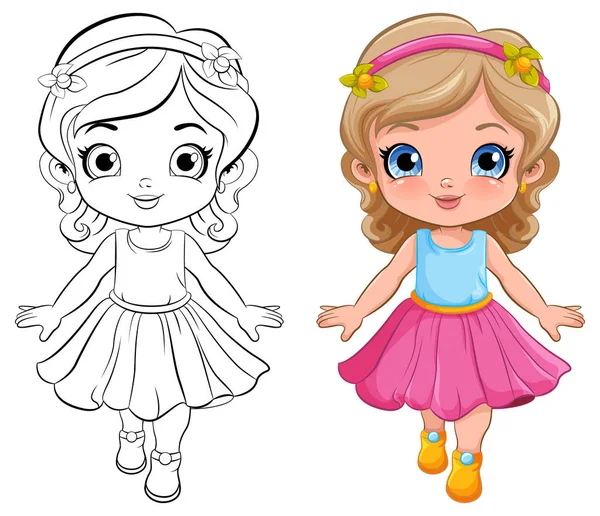 Roztomilé Dívka Krásné Šaty Obrys Pro Zbarvení Ilustrace — Stockový vektor