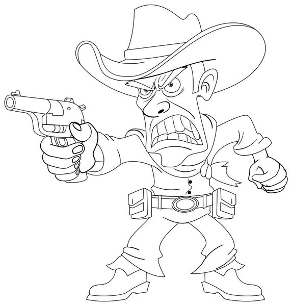 Яростный ковбой с пистолетом, изображённый в мультяшном стиле
