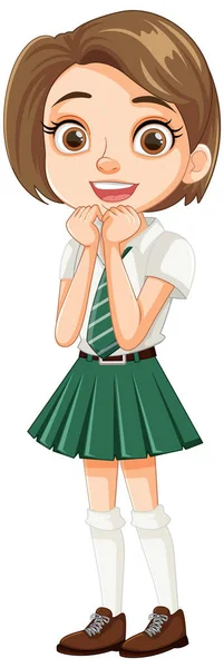 Cute Brown Haired Girl Short Hair Happily Standing School Uniform Stock Vector