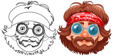 İki stilize erkek yüzü ve klasik hippi aksesuarları..