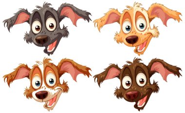 Farklı duygular gösteren dört çizgi köpek kafası.
