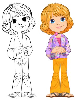 Siyah, beyaz ve renkli karikatür kız çizimleri.