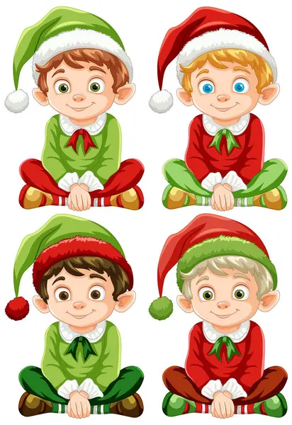 四个穿着节日圣诞服装的快乐精灵 — 图库矢量图片