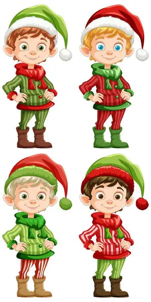 Four Cheerful Elves Festive Holiday Attire — Stock Vector
