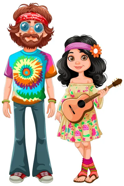 Cartoon Hippies Colorful Attire Guitar — Stock Vector