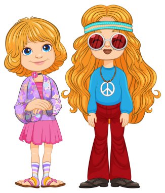 Renkli retro kıyafetler giymiş iki kız..