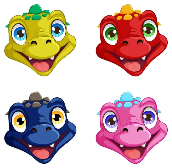 Four Vibrant Dragon Heads Showing Different Expressions — Stock Vector