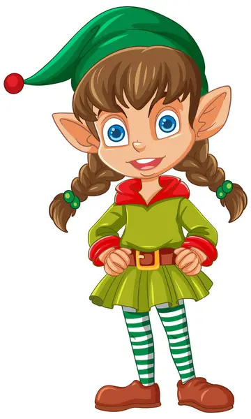Dessin Animé Elfe Fille Souriant Dans Tenue Noël Thème — Image vectorielle