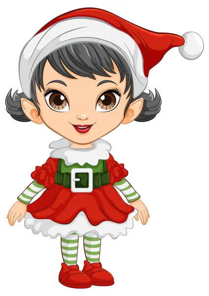 Χαριτωμένο Κορίτσι Κινουμένων Σχεδίων Ντυμένο Εορταστική Χριστουγεννιάτικη Ενδυμασία Royalty Free Διανύσματα Αρχείου