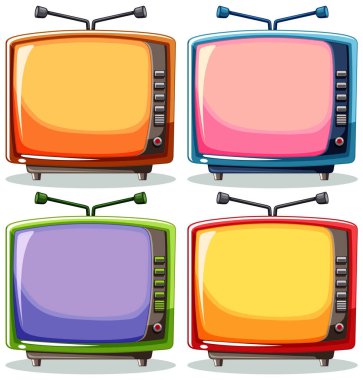 Anten ve kadranlı dört canlı vintage televizyon.