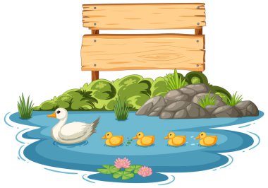 Ördek yavrusu olan ana ördek ahşap bir işaretle yüzüyor.