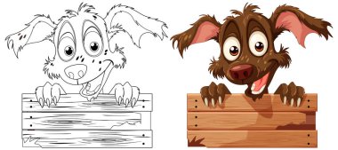 Ahşap bariyerin üzerinde gülümseyen iki çizgi film köpeği.