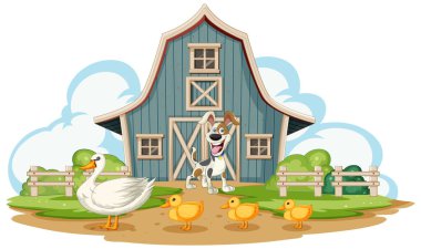 Köpek, ördek ve ördek yavruları ahırın önünde.