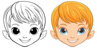 Çizgi film çocuğu yüzleri, bir renkli ve bir çizgi sanat eseri..