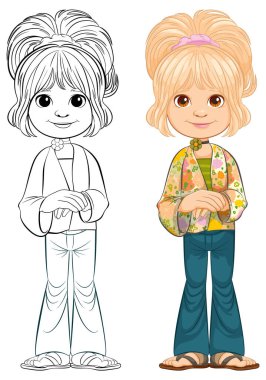 Kız vektör çizimi, renkli ve çizgi çizimi.