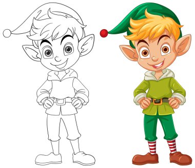 Çizgi sanatı ve renkli bir Noel elfi çizimi.