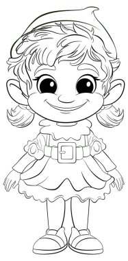 Mutlu bir elf kızının siyah beyaz çizimi.