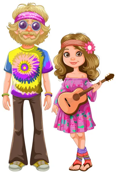 Cartoon Hippies Colorful Clothing Guitar — Stock Vector