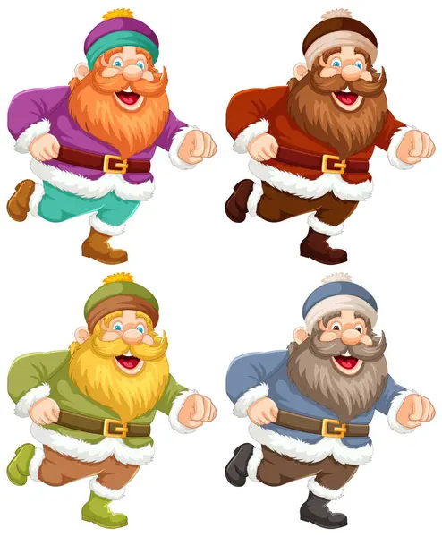 Four Cheerful Dwarves Distinct Colorful Clothing — Stock Vector