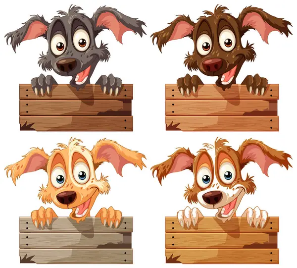 Farklı ifadeler gösteren dört çizgi film köpeği..