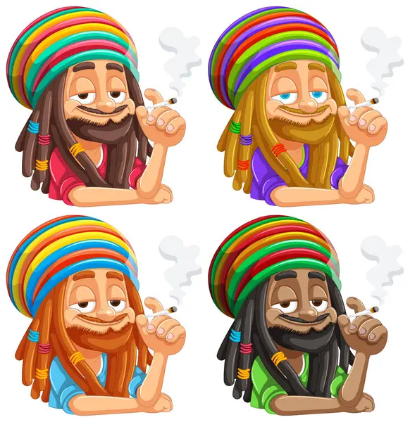 Farklı ifadelere sahip dört Rastafarian figürü..