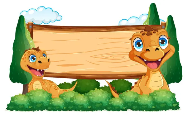 Two Happy Dinosaurs Holding Wooden Sign — Stock Vector