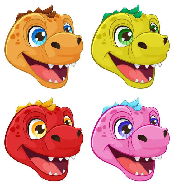 Four Cheerful Dinosaur Heads Vibrant Colors — Stock Vector