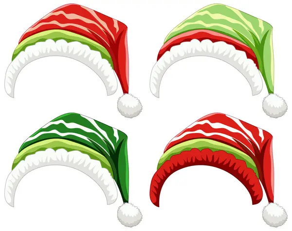 Dört Renkli Çizgili Elf Şapkası Çizimi — Stok Vektör