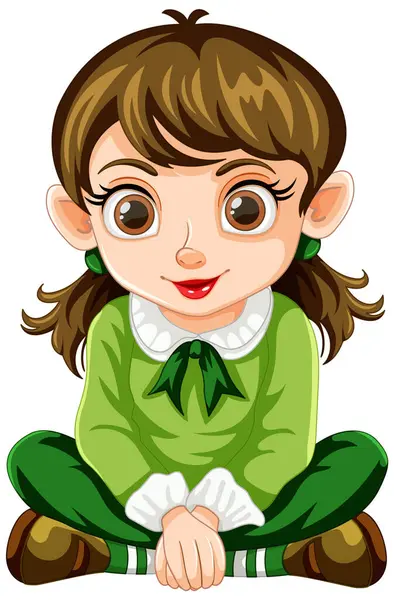 Cartoon Elf Girl Big Eyes Smiling — Stock Vector