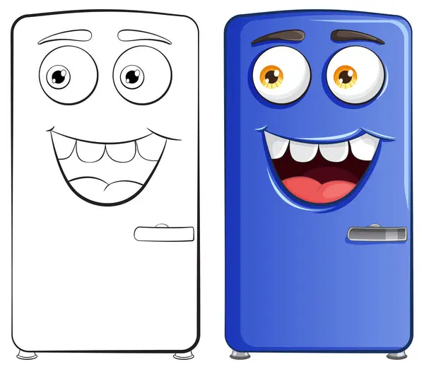 Deux Réfrigérateurs Souriants Animés Aux Visages Expressifs Vecteur En Vente