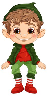Renkli tatil kıyafetleri içinde gülümseyen elf karakteri..
