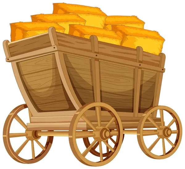 Cartoon Wooden Cart Filled Shiny Gold Bars — Stock Vector
