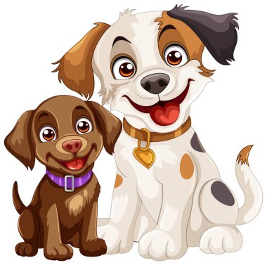 İki mutlu çizgi film köpeği yan yana oturuyor..