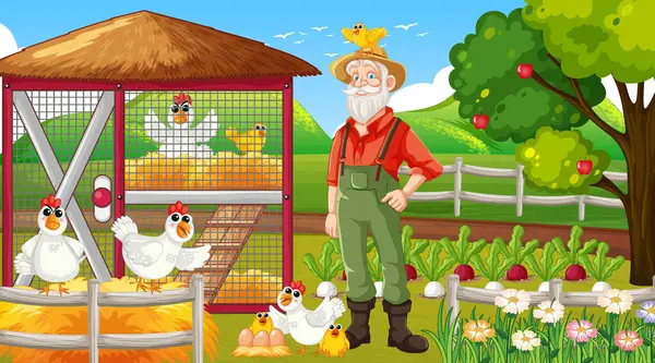 Elderly Farmer Standing Chicken Coop Farm — Stock Vector