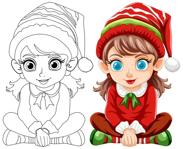 Siyah Beyaz Renkli Noel Elfi Çizimleri Stok Vektör