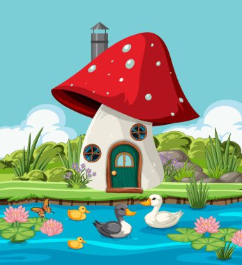 Tuhaf bir mantar konutunun renkli bir çizimi.