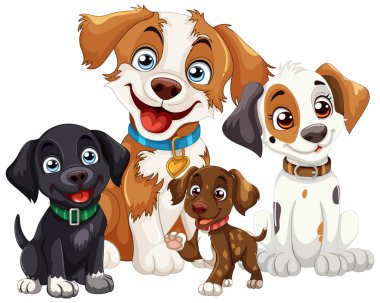 Mutlu bir şekilde poz veren dört sevimli çizgi film köpeği..
