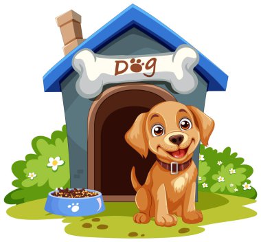 Çizgi film tarzı evinin önünde oturan neşeli köpek.