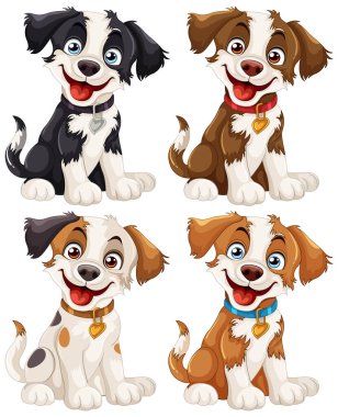 Neşeli ifadeli dört sevimli animasyon köpek yavrusu.