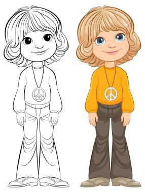 Bir çocuğun karikatür çizimi, renkli ve özetlenmiş versiyonları.