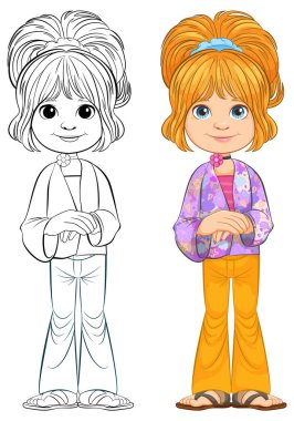 Kız vektör illüstrasyonu, renkli ve çizgi sanatı.