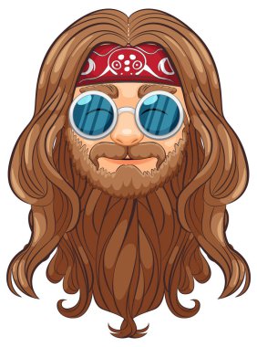 Sakallı, bandanalı ve güneş gözlüklü stilize erkek yüzü.