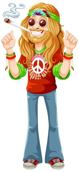 Dessin Animé Hippie Avec Signe Paix Joint Fumeur — Image vectorielle